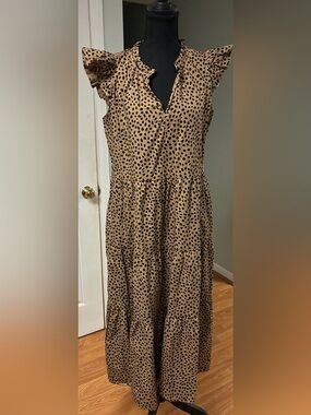 J. Crew Re-Imagined Leopard Print Tiered Maxi Dress Ruffle Sleeve Brown Small